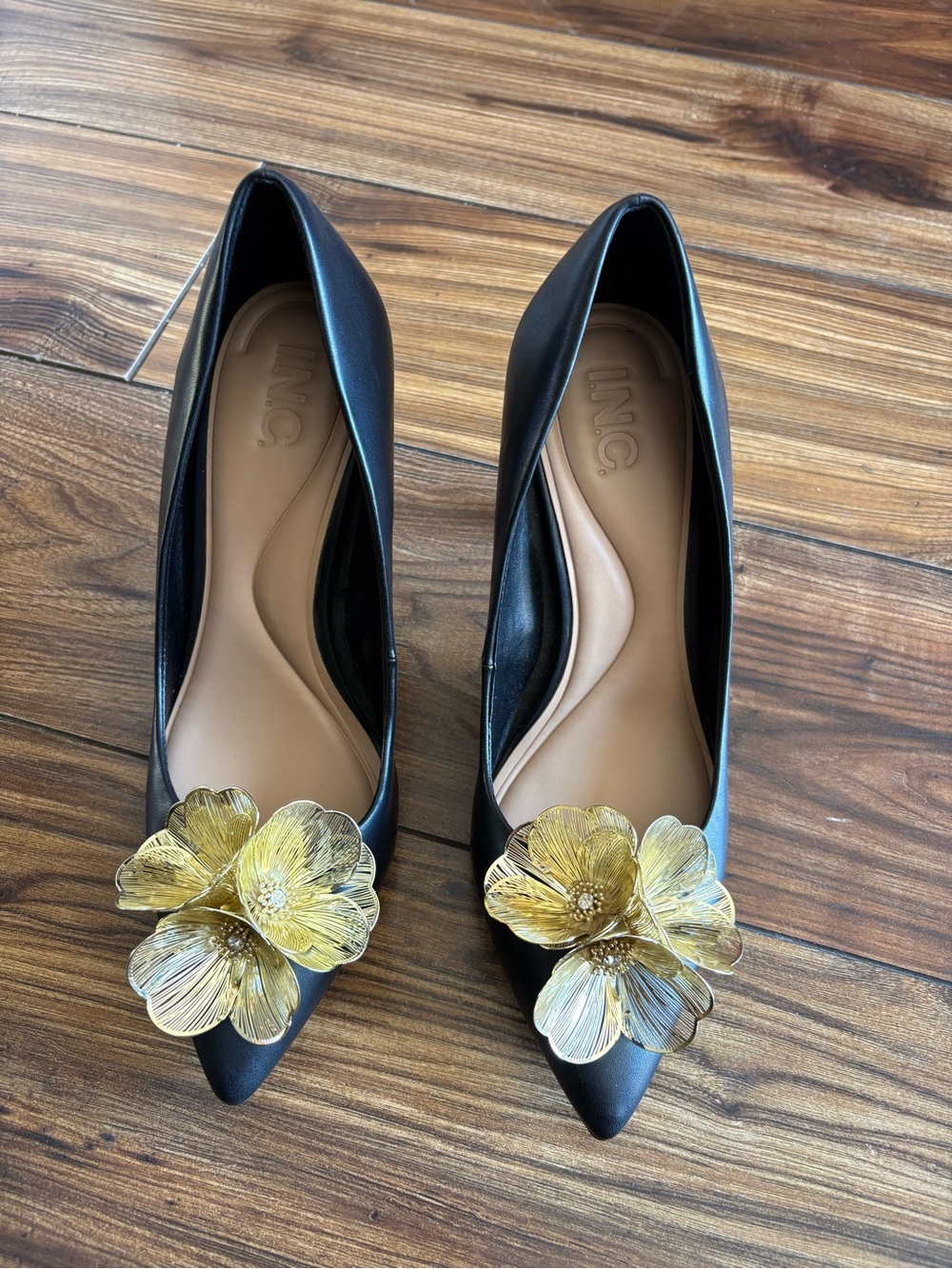 INC International Concepts Black Pointed Flats with Gold Floral Embellishments